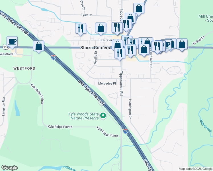 map of restaurants, bars, coffee shops, grocery stores, and more near 3695 Mercedes Place in Canfield