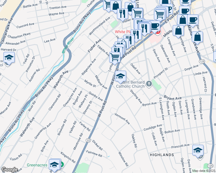 map of restaurants, bars, coffee shops, grocery stores, and more near 31 Midland Avenue in White Plains