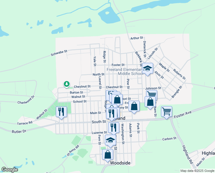 map of restaurants, bars, coffee shops, grocery stores, and more near 901 Ridge Street in Freeland