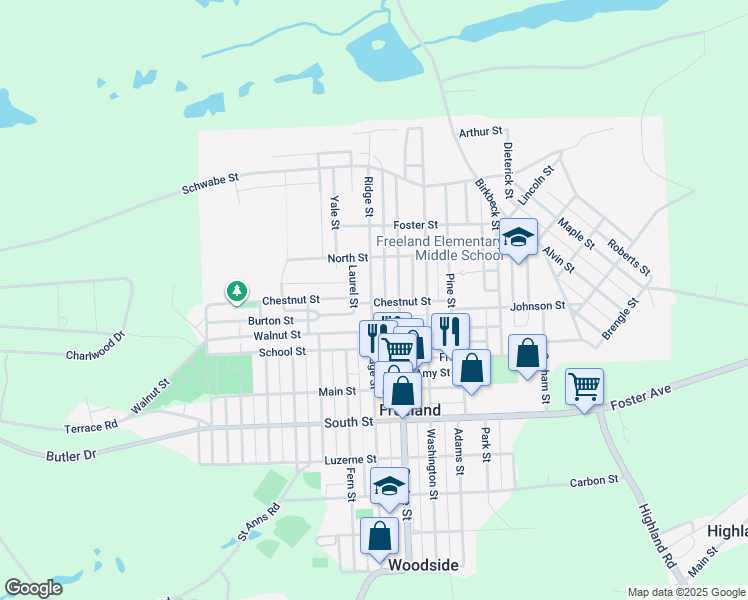 map of restaurants, bars, coffee shops, grocery stores, and more near 901 Ridge Street in Freeland