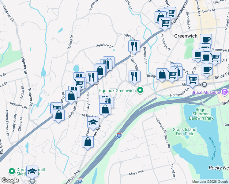 map of restaurants, bars, coffee shops, grocery stores, and more near in Greenwich