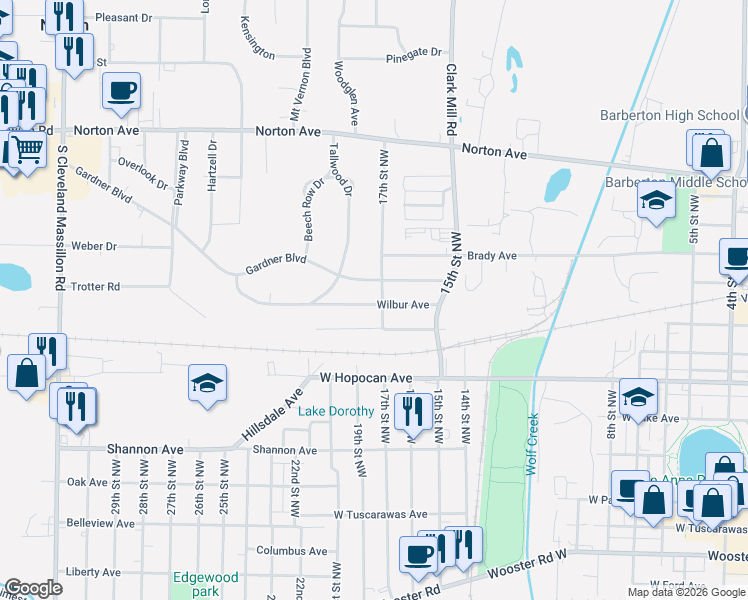 map of restaurants, bars, coffee shops, grocery stores, and more near 362 17th Street Northwest in Barberton