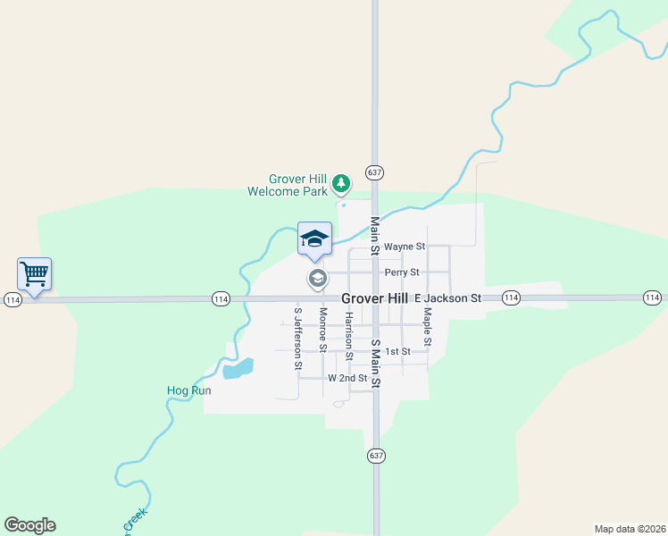 map of restaurants, bars, coffee shops, grocery stores, and more near 206 West Perry Street in Grover Hill