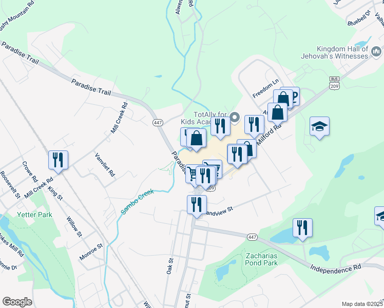 map of restaurants, bars, coffee shops, grocery stores, and more near 213 Skyline Drive in East Stroudsburg