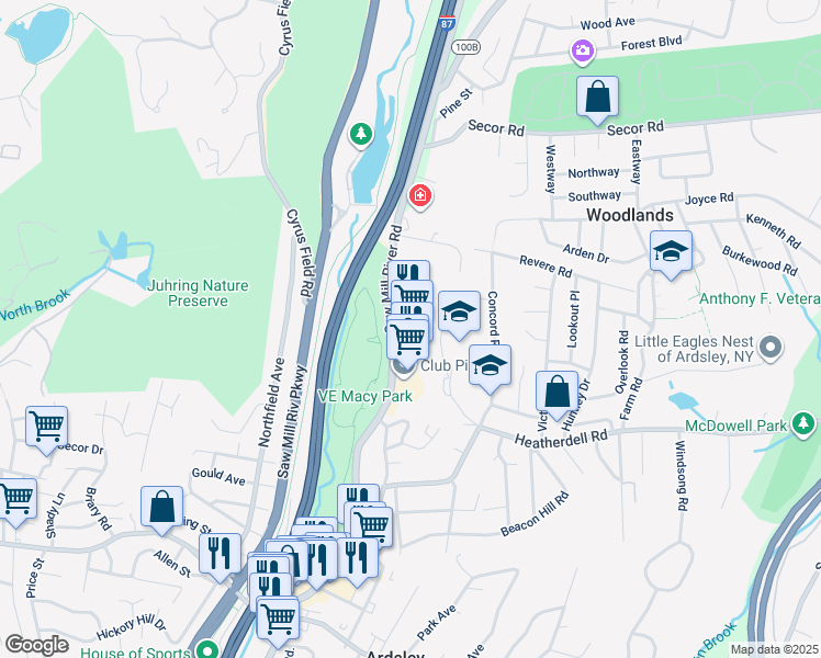 map of restaurants, bars, coffee shops, grocery stores, and more near 907 Saw Mill River Road in Ardsley