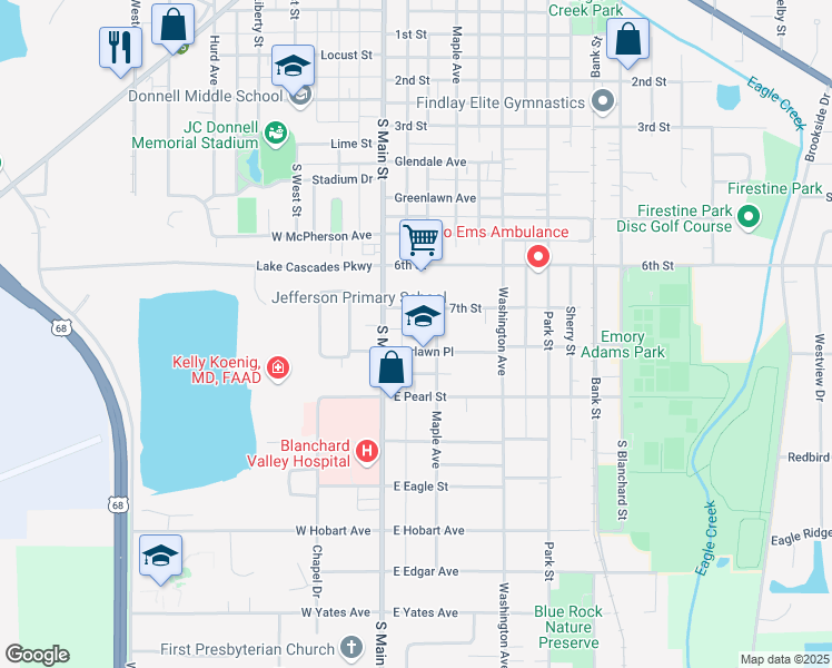 map of restaurants, bars, coffee shops, grocery stores, and more near 204 Fairlawn Place in Findlay