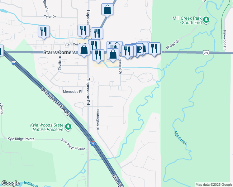 map of restaurants, bars, coffee shops, grocery stores, and more near 1330 Pheasant Ct in Youngstown
