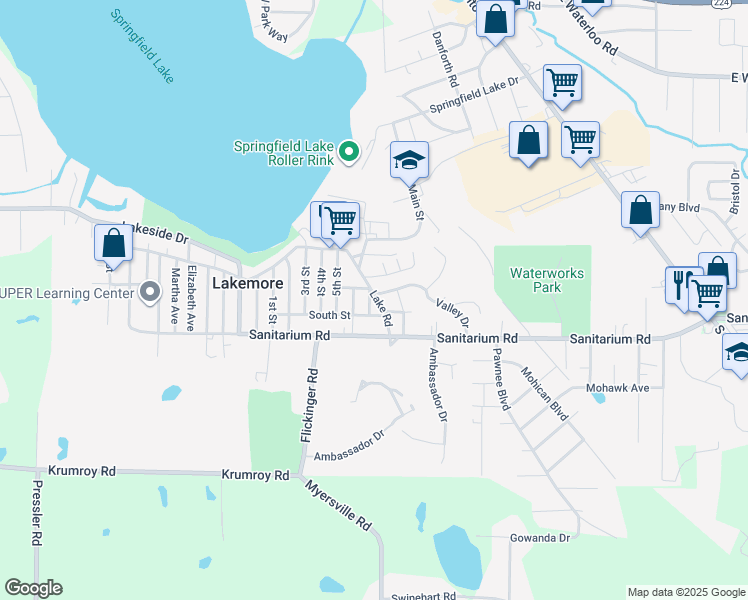map of restaurants, bars, coffee shops, grocery stores, and more near 1546 Lake Road in Akron