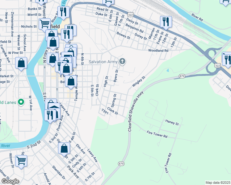 map of restaurants, bars, coffee shops, grocery stores, and more near Hill Street in Clearfield