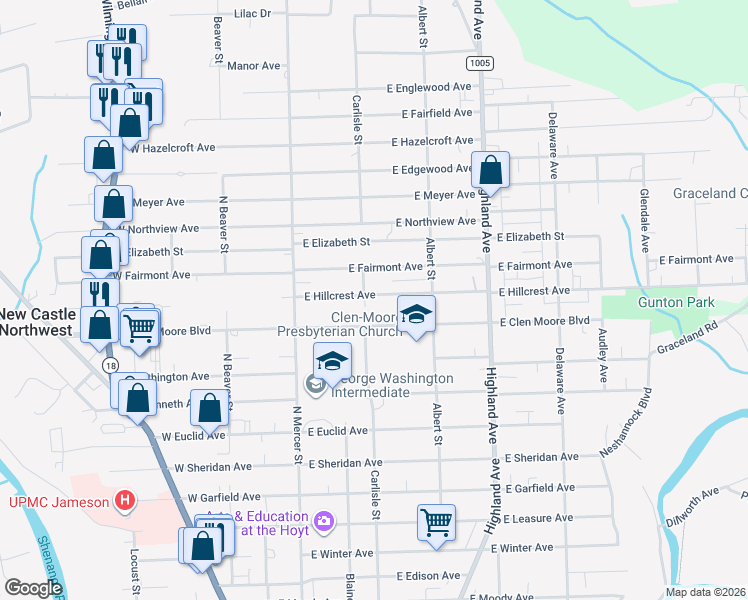 map of restaurants, bars, coffee shops, grocery stores, and more near 206 East Hillcrest Avenue in New Castle