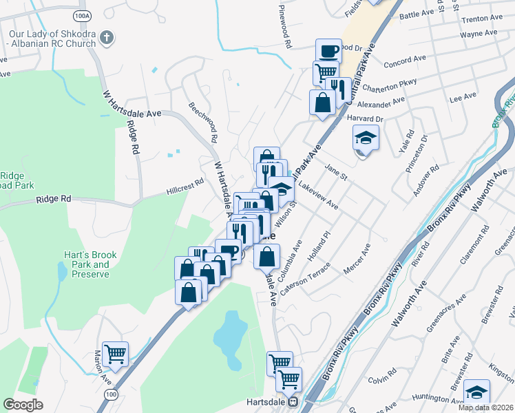 map of restaurants, bars, coffee shops, grocery stores, and more near 37 North Central Avenue in Hartsdale