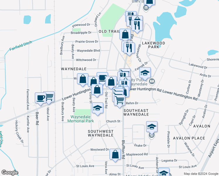 map of restaurants, bars, coffee shops, grocery stores, and more near 2500 Lower Huntington Road in Fort Wayne