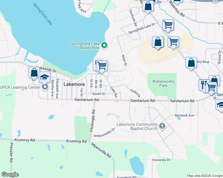 map of restaurants, bars, coffee shops, grocery stores, and more near 1546 Lake Road in Akron