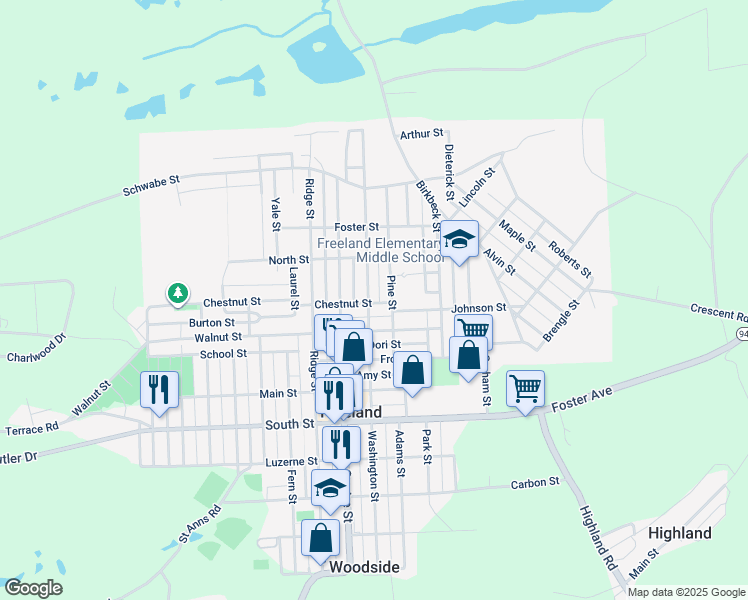map of restaurants, bars, coffee shops, grocery stores, and more near 903 Washington Street in Freeland