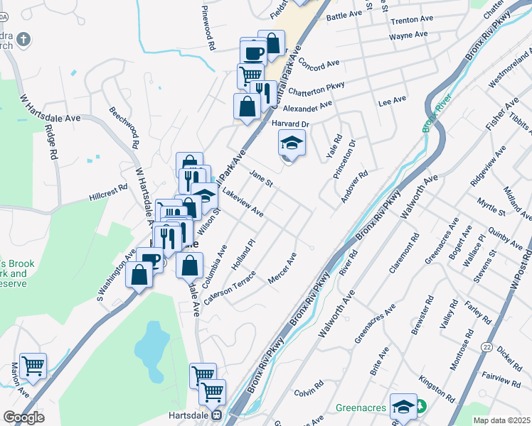 map of restaurants, bars, coffee shops, grocery stores, and more near 2 Maple Street in Hartsdale