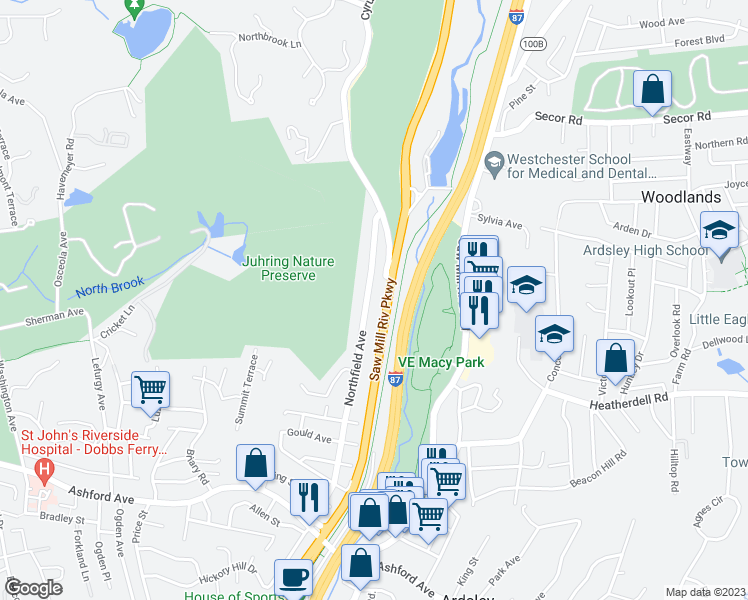 map of restaurants, bars, coffee shops, grocery stores, and more near 156 Northfield Avenue in Dobbs Ferry
