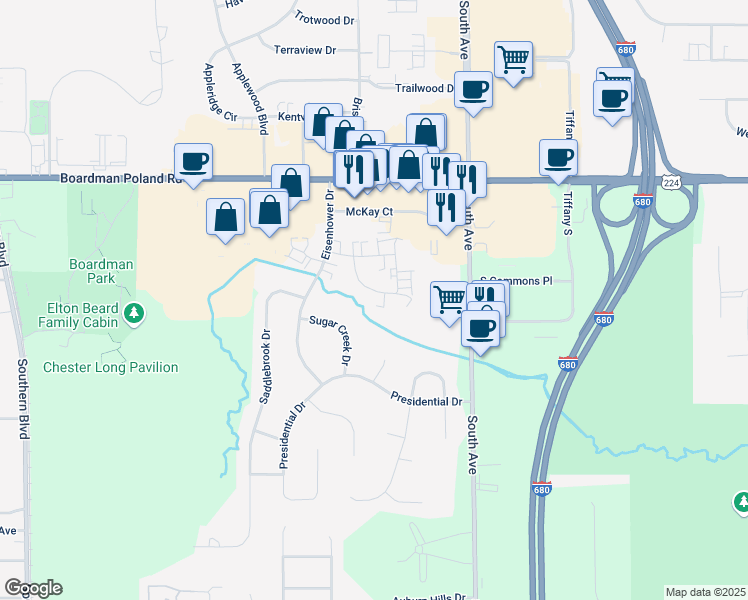 map of restaurants, bars, coffee shops, grocery stores, and more near 912 Pearson Circle in Youngstown