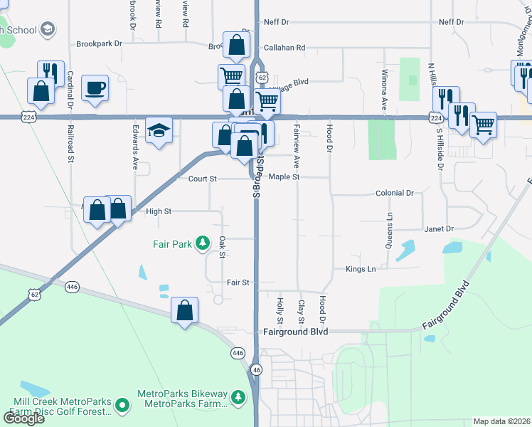 map of restaurants, bars, coffee shops, grocery stores, and more near 251 South Broad Street in Canfield