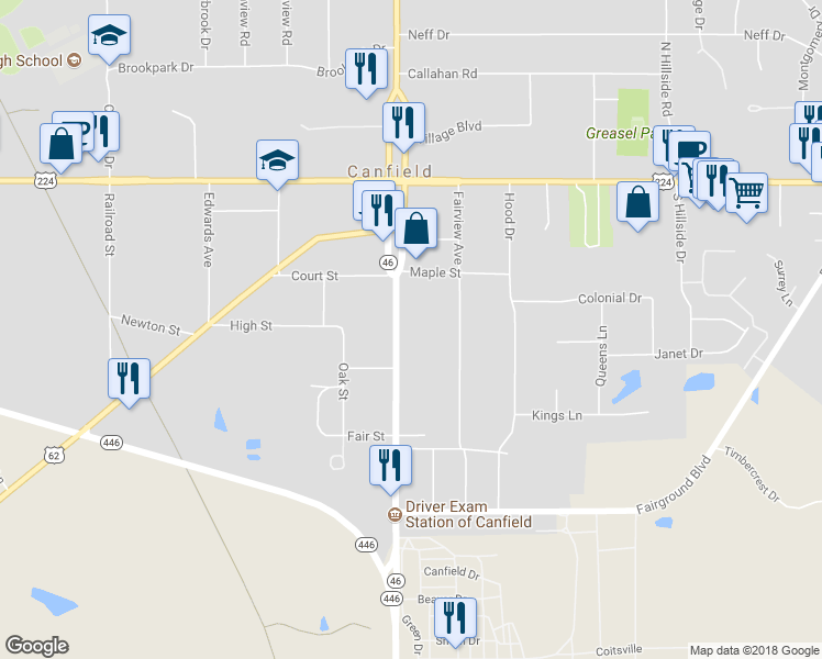 map of restaurants, bars, coffee shops, grocery stores, and more near 251 South Broad Street in Canfield