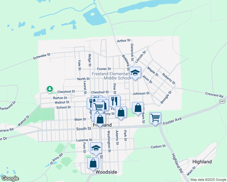 map of restaurants, bars, coffee shops, grocery stores, and more near 903 Washington Street in Freeland