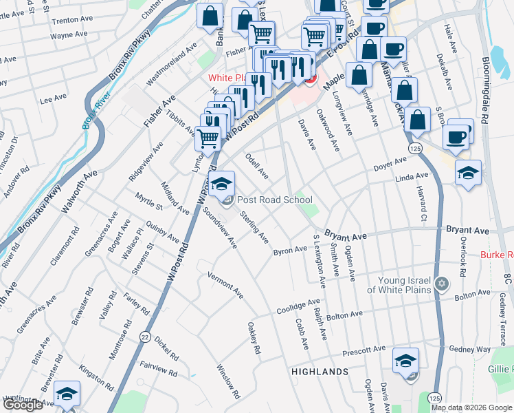 map of restaurants, bars, coffee shops, grocery stores, and more near 49 Sterling Avenue in White Plains