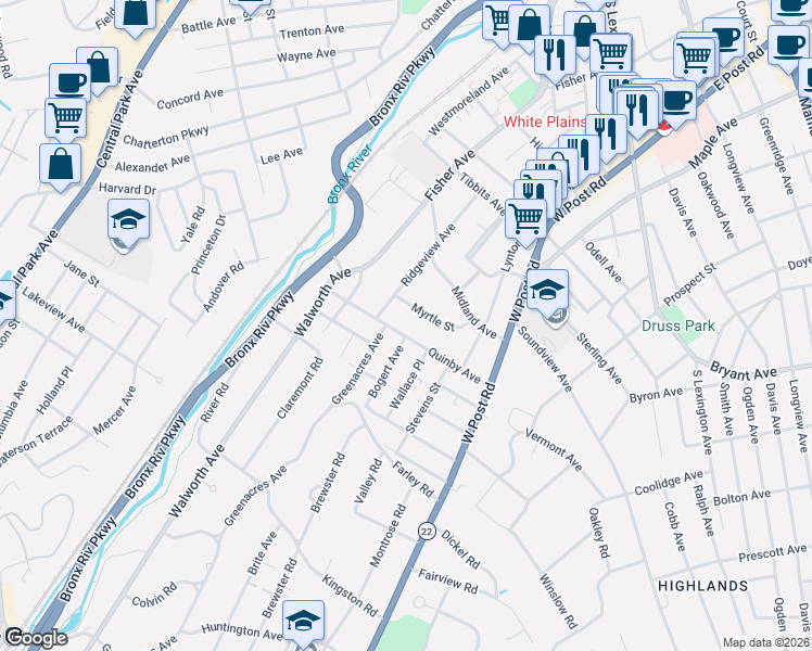 map of restaurants, bars, coffee shops, grocery stores, and more near 94 Quinby Avenue in White Plains