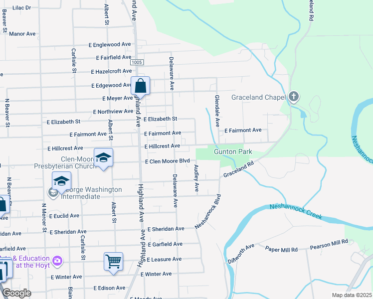 map of restaurants, bars, coffee shops, grocery stores, and more near 512 East Hillcrest Avenue in New Castle