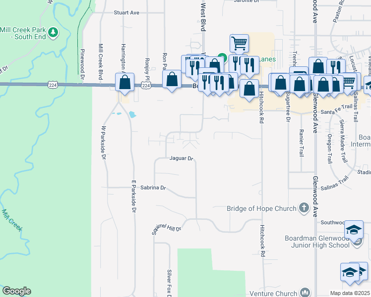 map of restaurants, bars, coffee shops, grocery stores, and more near 7391 Bonnie Place in Youngstown