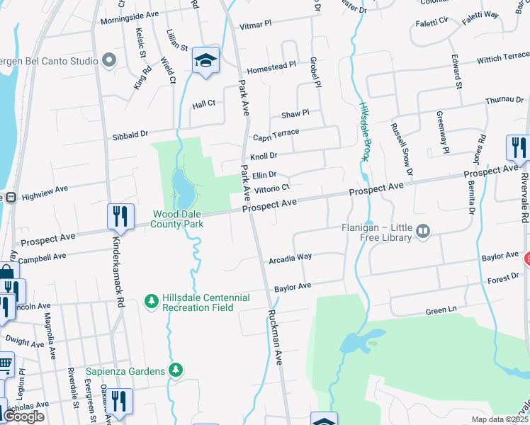 map of restaurants, bars, coffee shops, grocery stores, and more near 129 Prospect Avenue in Hillsdale