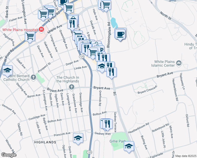 map of restaurants, bars, coffee shops, grocery stores, and more near 14 Nosband Avenue in White Plains
