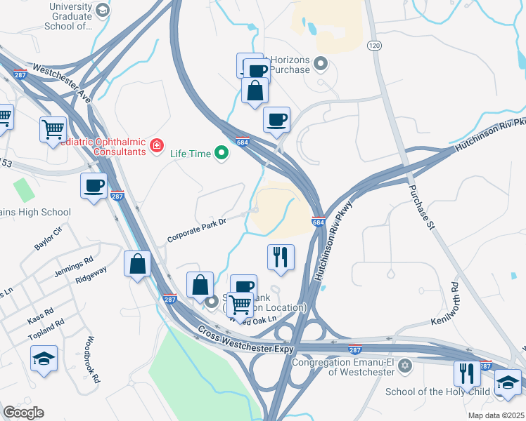map of restaurants, bars, coffee shops, grocery stores, and more near 106 Corporate Park Drive in White Plains