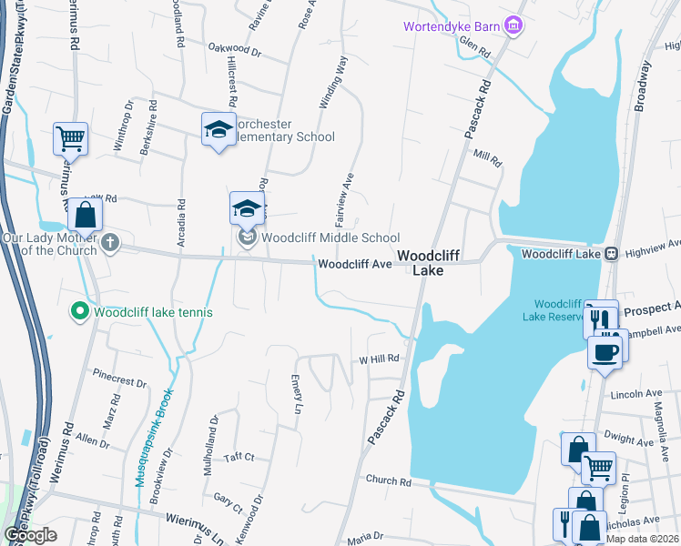 map of restaurants, bars, coffee shops, grocery stores, and more near 93 Woodcliff Avenue in Woodcliff Lake