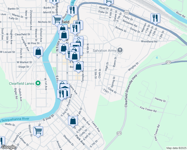 map of restaurants, bars, coffee shops, grocery stores, and more near 121 Ulerich Avenue in Clearfield