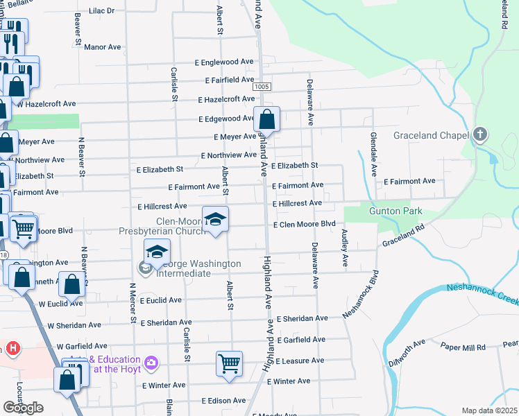 map of restaurants, bars, coffee shops, grocery stores, and more near 1811 Highland Ave in New Castle