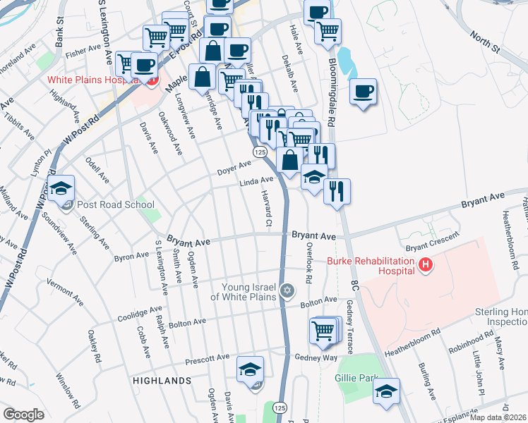 map of restaurants, bars, coffee shops, grocery stores, and more near 75 Greenridge Avenue in White Plains