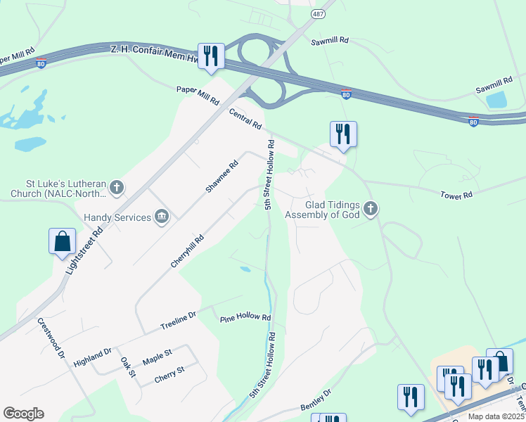 map of restaurants, bars, coffee shops, grocery stores, and more near 2021 5th Street Hollow Road in Bloomsburg