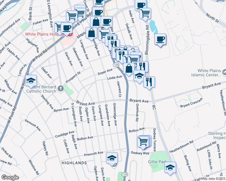 map of restaurants, bars, coffee shops, grocery stores, and more near 75 Greenridge Avenue in White Plains