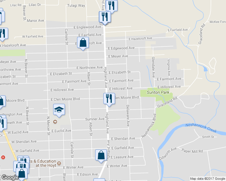 map of restaurants, bars, coffee shops, grocery stores, and more near 410 East Hillcrest Avenue in New Castle