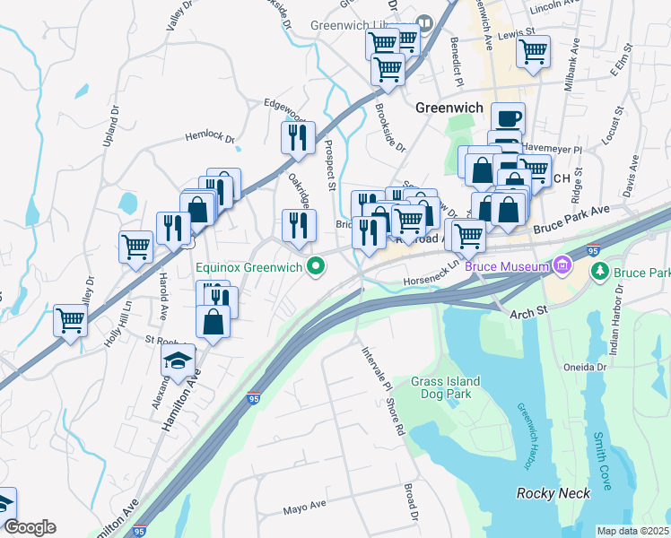 map of restaurants, bars, coffee shops, grocery stores, and more near 150 Prospect Street in Greenwich