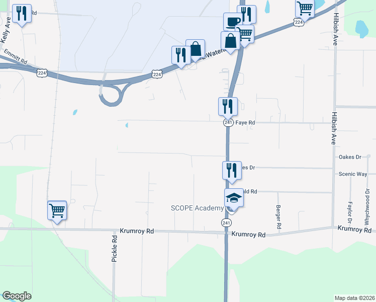 map of restaurants, bars, coffee shops, grocery stores, and more near 1701 Woods Road in Akron