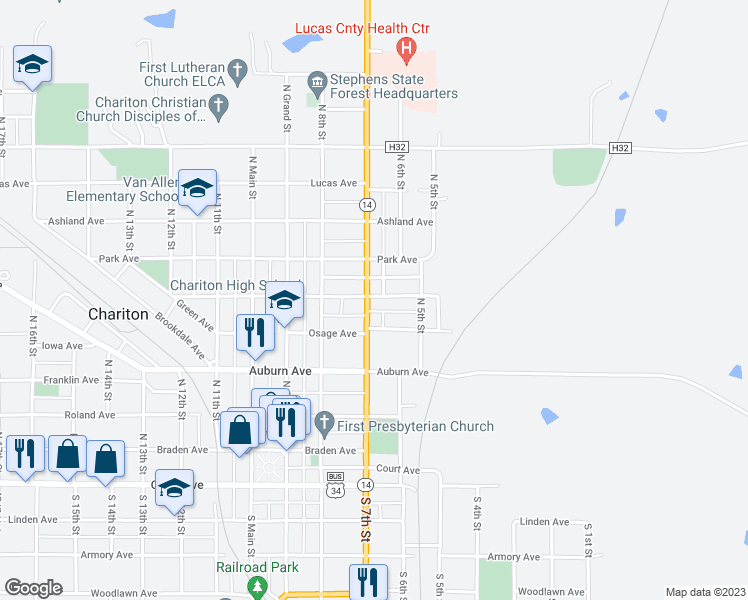 map of restaurants, bars, coffee shops, grocery stores, and more near 528 North 7th Street in Chariton