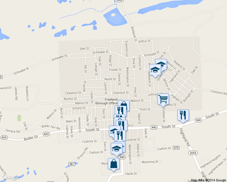map of restaurants, bars, coffee shops, grocery stores, and more near 912-914 Centre St in Freeland