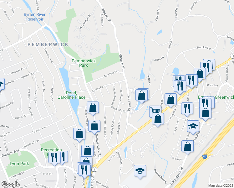 map of restaurants, bars, coffee shops, grocery stores, and more near 21 Hawthorne Street South in Greenwich