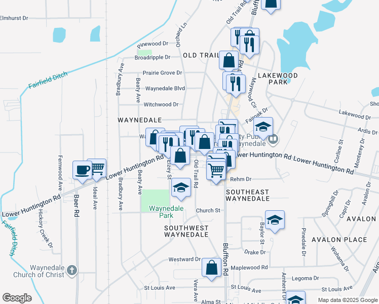 map of restaurants, bars, coffee shops, grocery stores, and more near 2712 Lower Huntington Rd in Fort Wayne