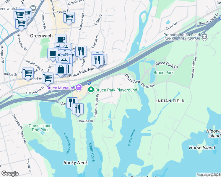map of restaurants, bars, coffee shops, grocery stores, and more near 44 Orchard Place in Greenwich