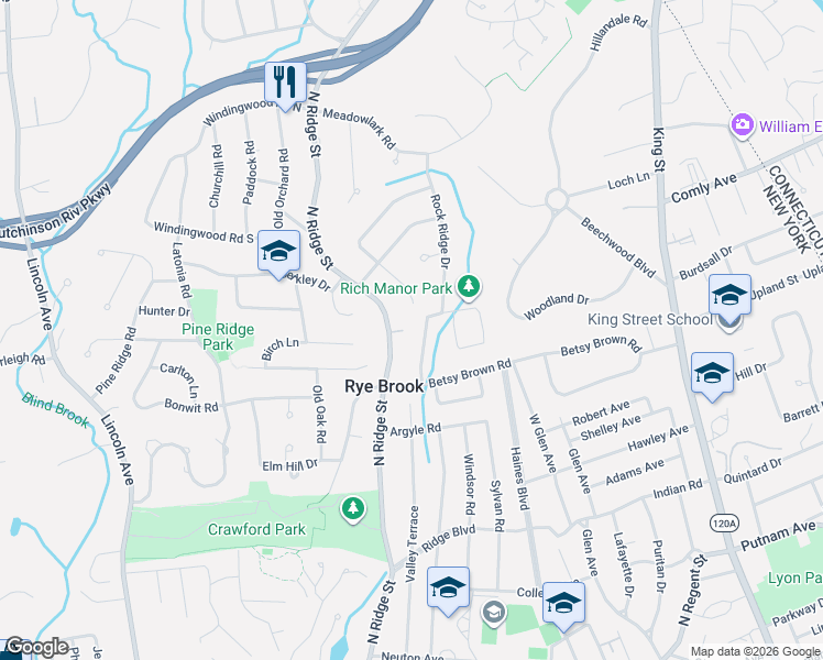 map of restaurants, bars, coffee shops, grocery stores, and more near 2 James Way in Rye Brook