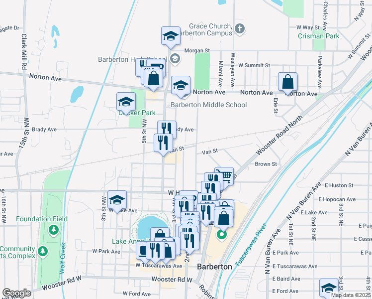 map of restaurants, bars, coffee shops, grocery stores, and more near 365 Wunderlich Avenue in Barberton