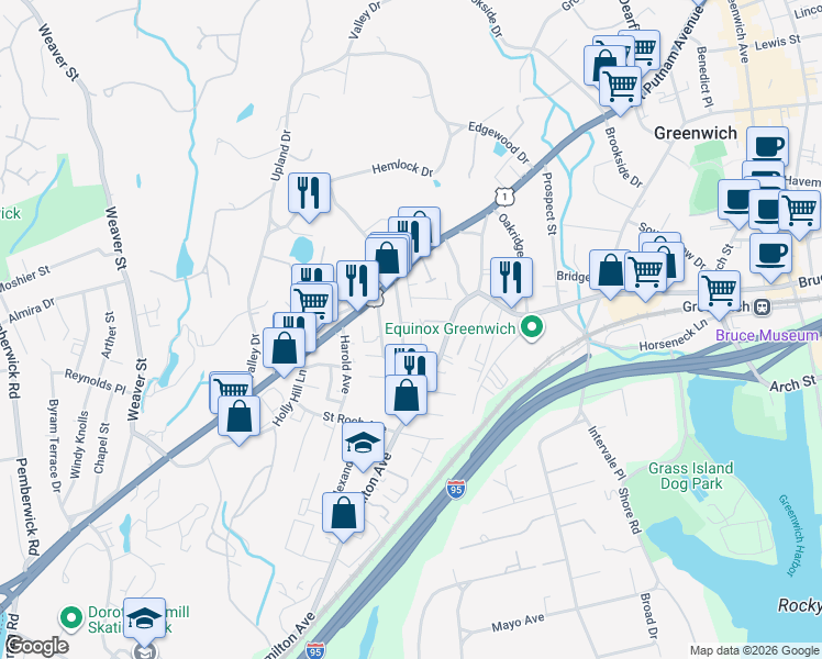 map of restaurants, bars, coffee shops, grocery stores, and more near 74 Josephine Evaristo Avenue in Greenwich