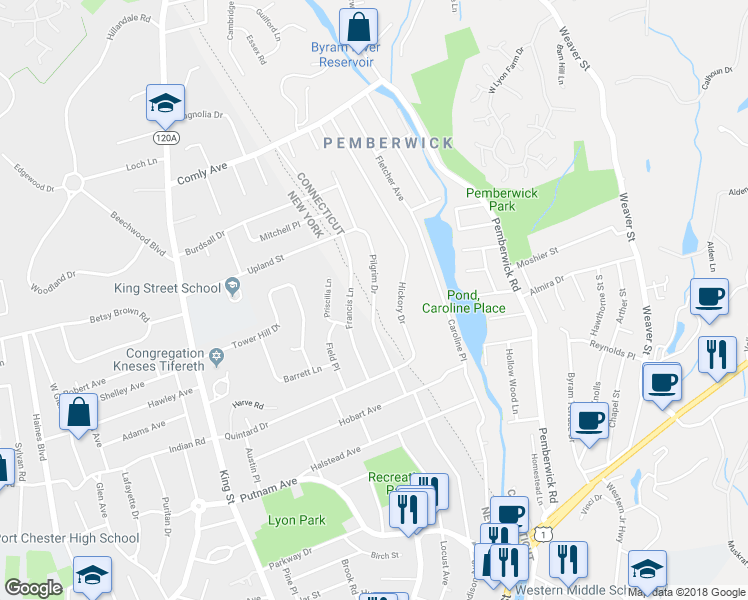 map of restaurants, bars, coffee shops, grocery stores, and more near 22 Pilgrim Dr in Greenwich