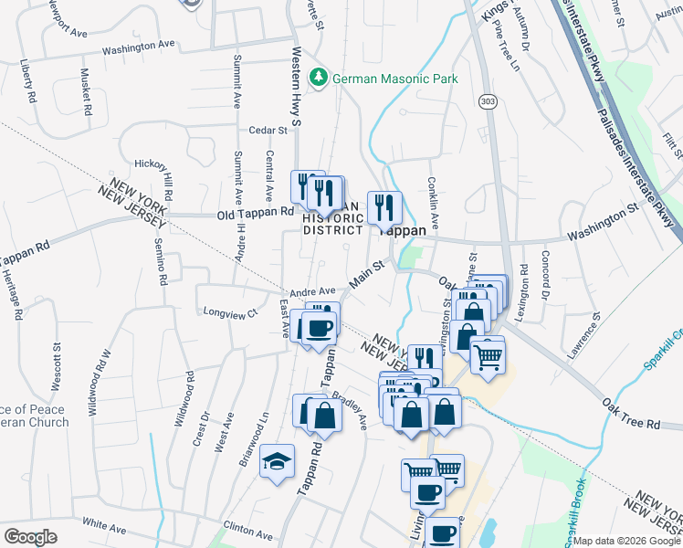 map of restaurants, bars, coffee shops, grocery stores, and more near 76 Charles Street in Tappan